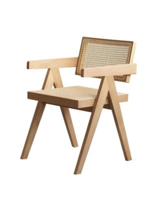 Modern Mid Century Rattan Accent Dining Chair with Armrests, Wood Finish for Living Room and Dining Room