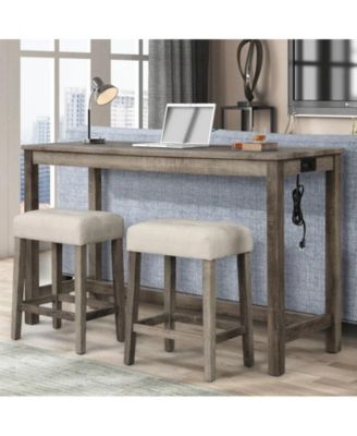 3-Piece Antique Oak Counter Height Dining Set, Solid Wood Table with Outlet and 2 Tufted Linen Stools
