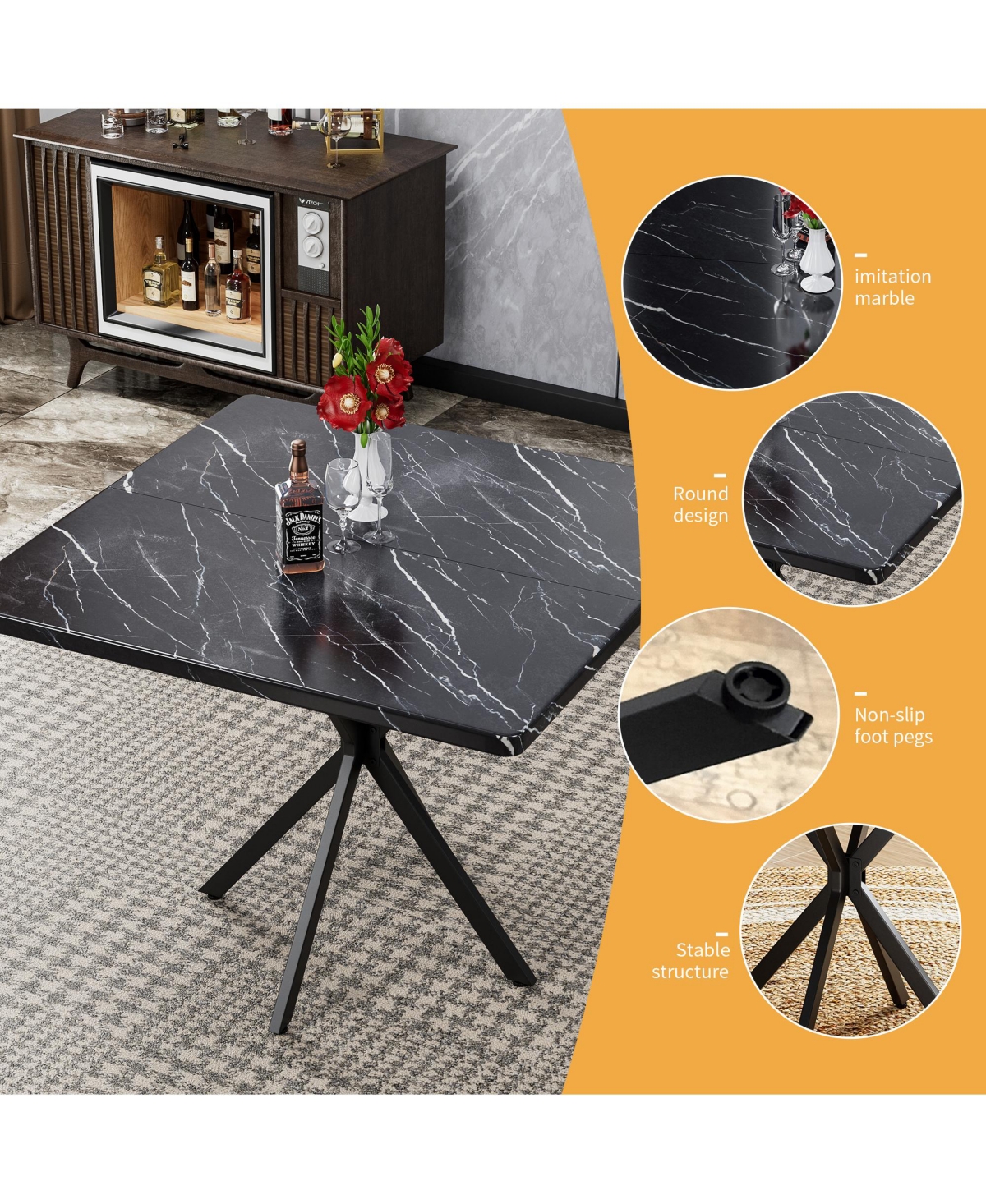Flynama Square Dining Table Set for 4, Modern Faux Marble Dining Table with 4 Pu Chairs, Mdf Top and Iron Legs, Space Saving Kitchen Dining Set