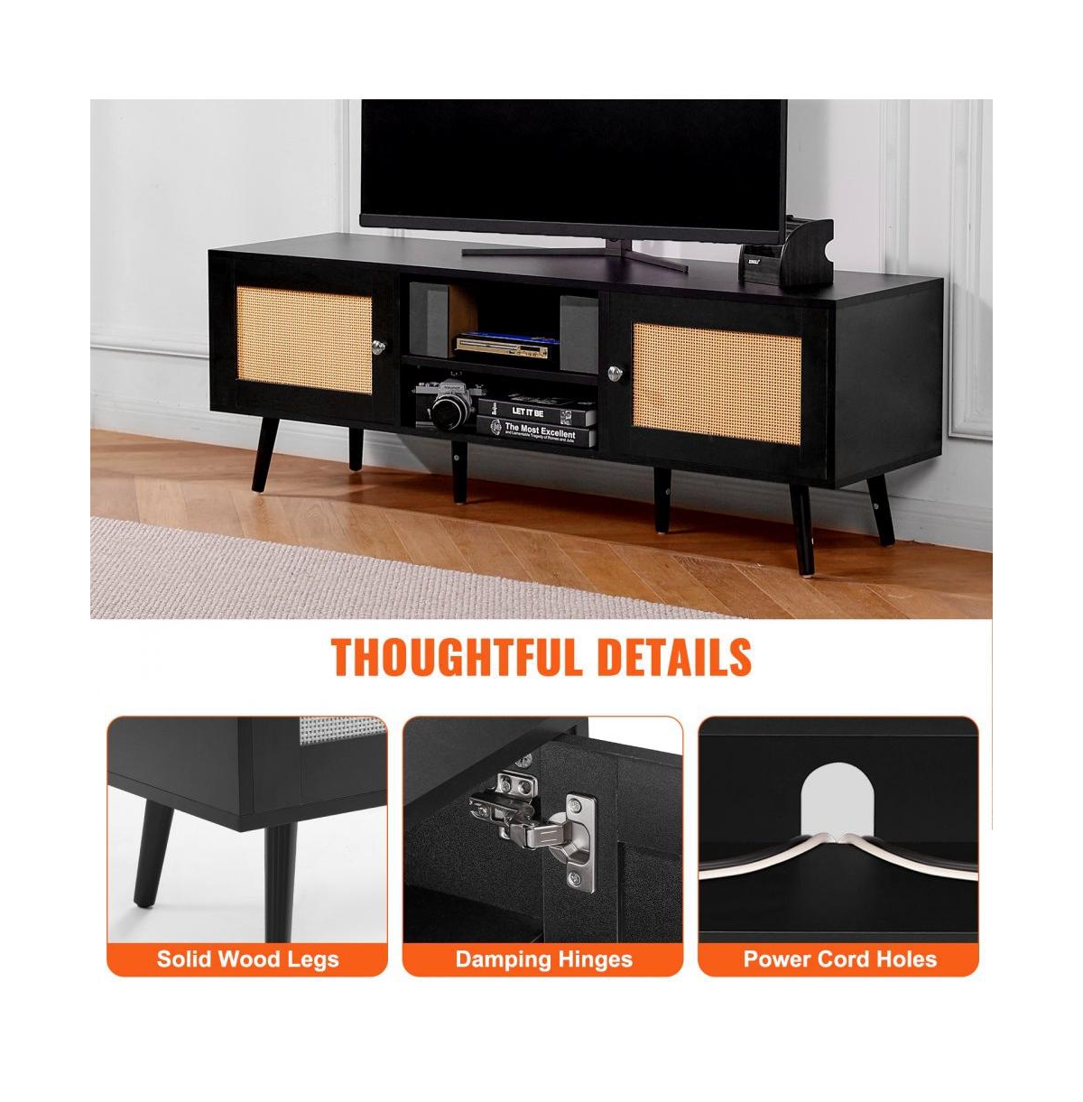 Slickblue Tv Stand with Rattan Doors and Built-In Power Socket, Modern Media Console for Home