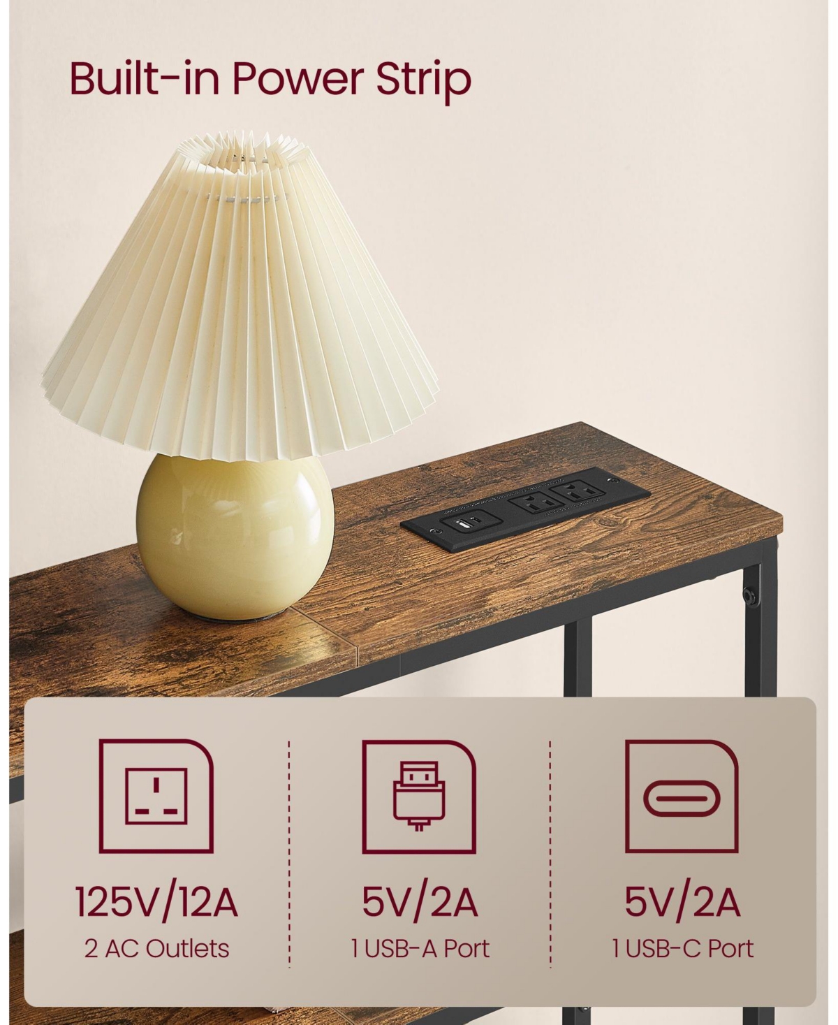 Slickblue 2-Tier Sofa Table with Built-In Power Outlet and Storage Shelves