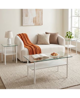  Modern Glass Coffee Table and End Tables Set of 3 with Wooden Shelf