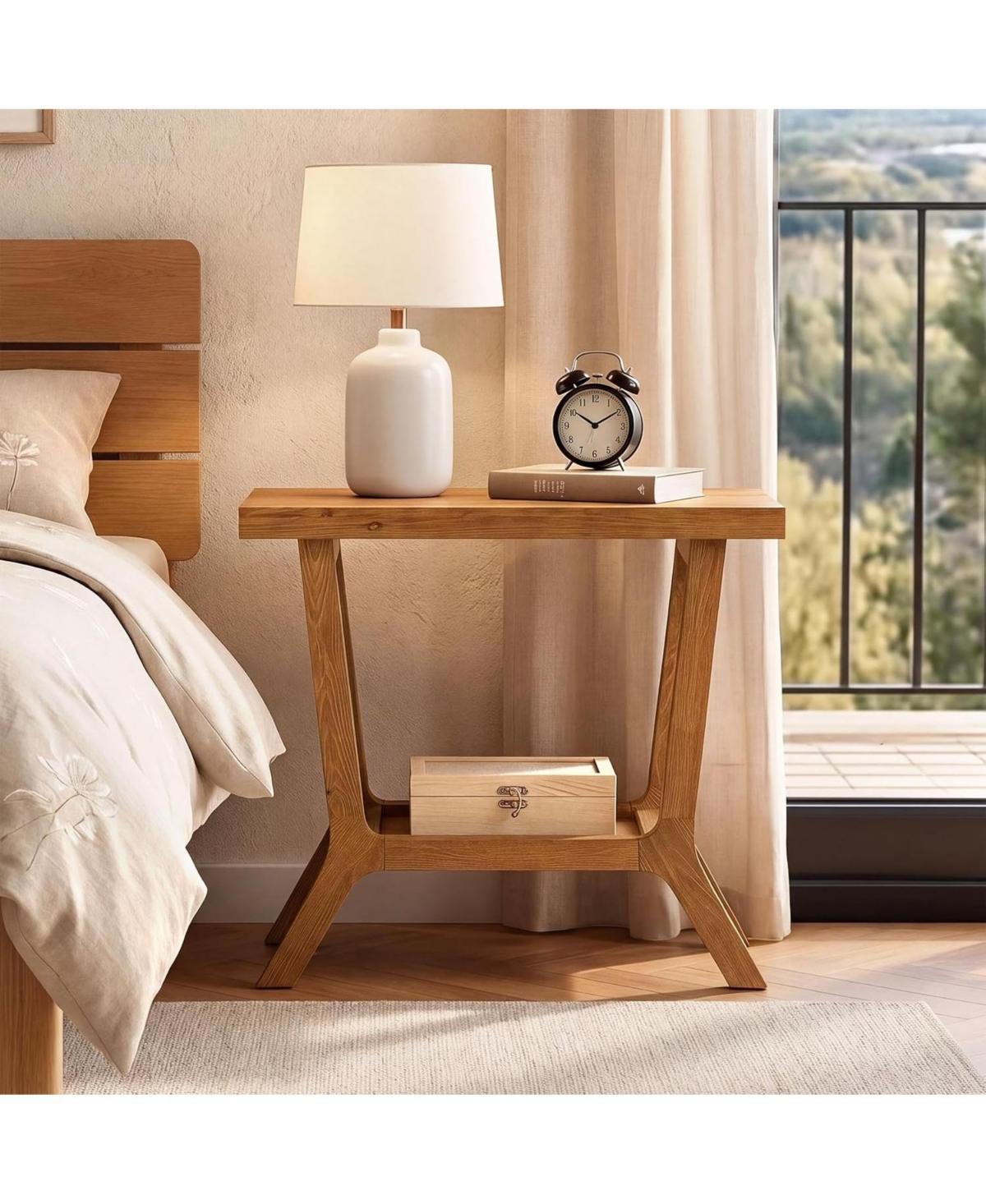 Tribesigns Solid Wood Side Table for Living Room, Small Wooden End Table with 2-Tier Storage