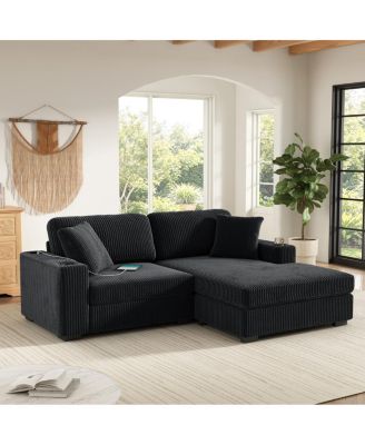 86.5" L-Shaped Corduroy Sectional Sofa with Cup Holders and Charging Ports