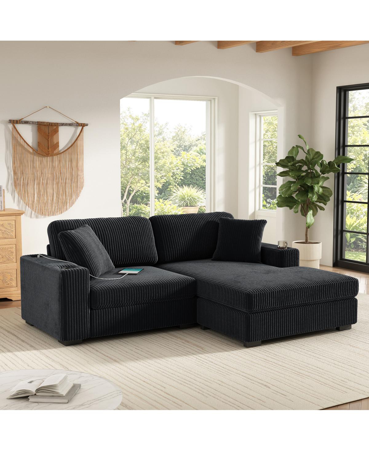Streamdale Furniture 86.5" L-Shaped Corduroy Sectional Sofa with Cup Holders and Charging Ports
