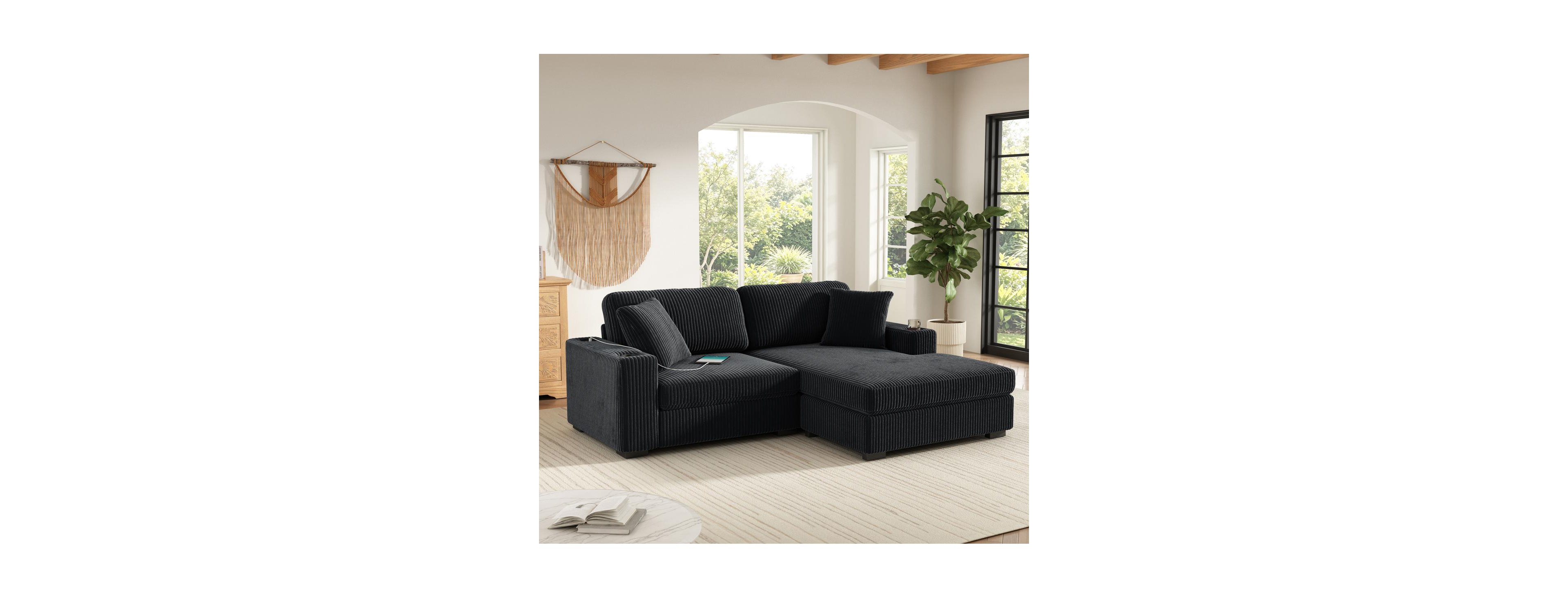 Streamdale Furniture 86.5" L-Shaped Corduroy Sectional Sofa with Cup Holders and Charging Ports