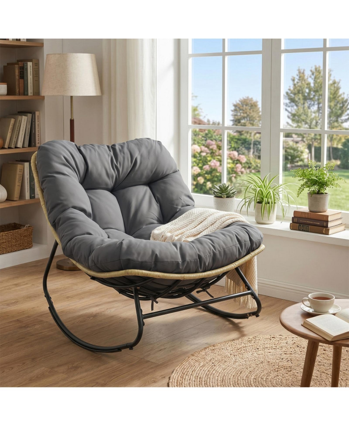 Sugift Outdoor Papasan Rocking Chair with Extra-Thick Cushioned Egg-Shaped Seat