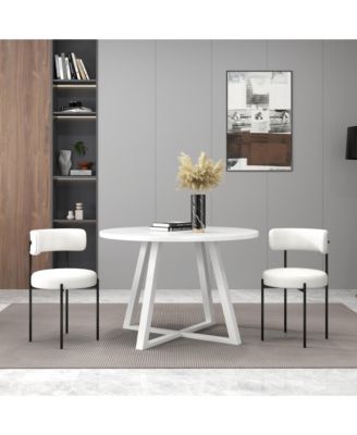 3-Piece Round Dining Set, Trestle Base Table and 2 Boucle Fabric Chairs
