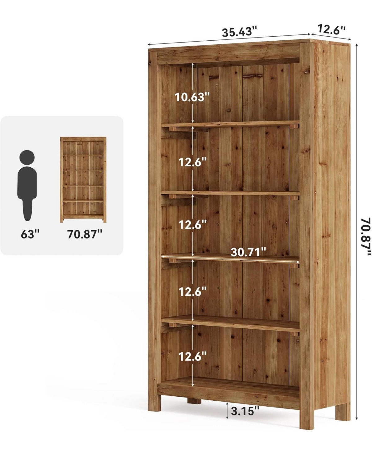 Tribesigns 5-Tier Tall Bookcase Solid Wood Large Bookshelf Heavy Duty