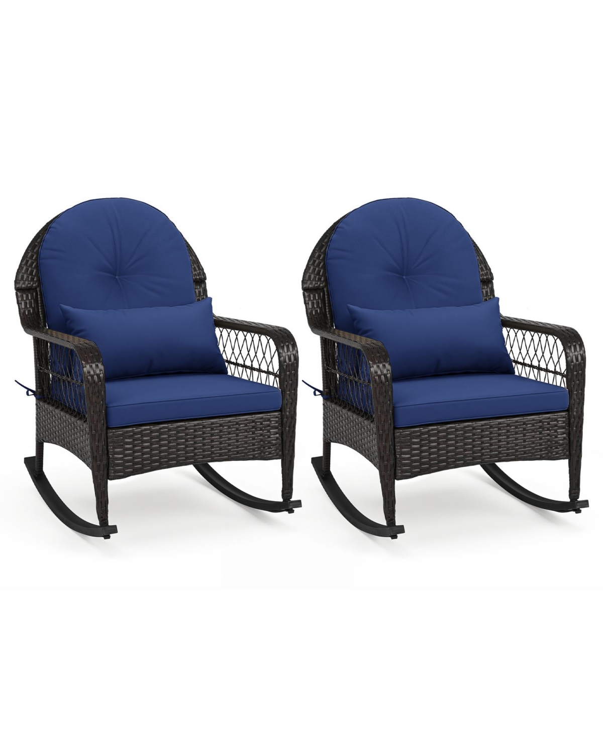 Gymax 2 Piece Outdoor Wicker Rocking Chair 400 Lbs Rattan Rocker Chair with Thick Cushions - Navy