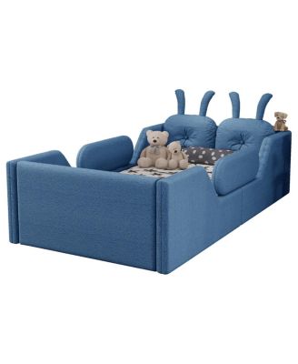  Twin Upholstered Kids Floor Bed with Rabbit Cushion and Side Rails