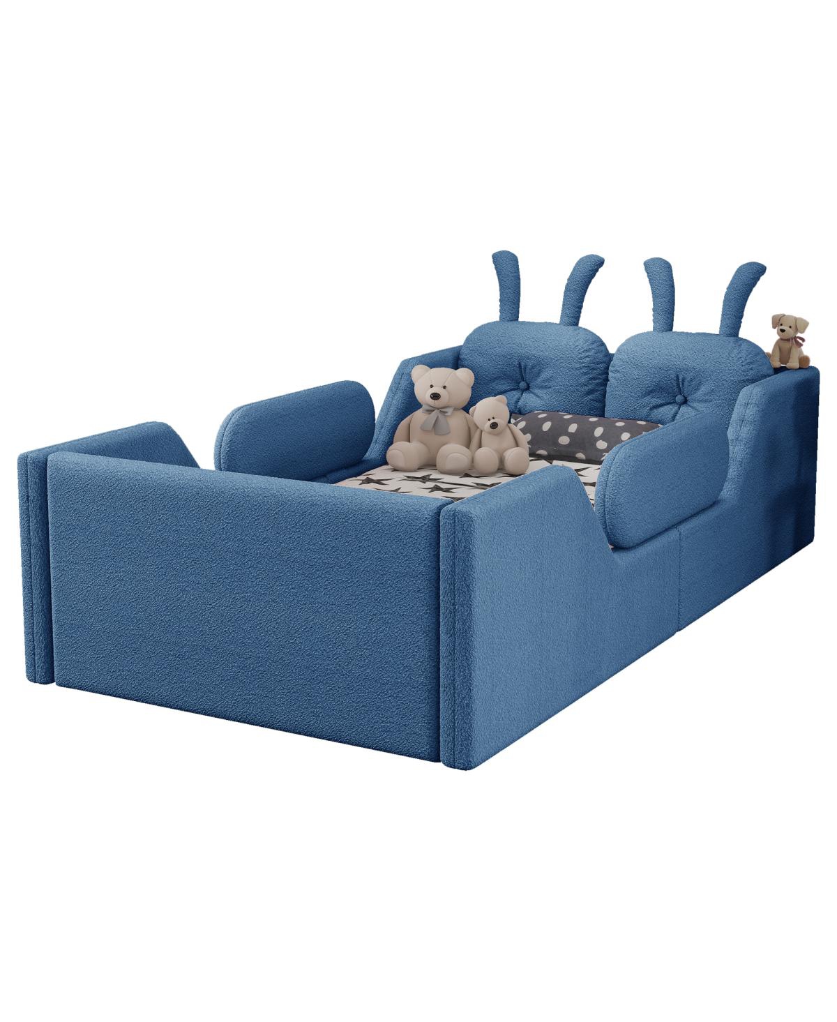 Streamdale Furniture Twin Upholstered Kids Floor Bed with Rabbit Cushion and Side Rails - Blue
