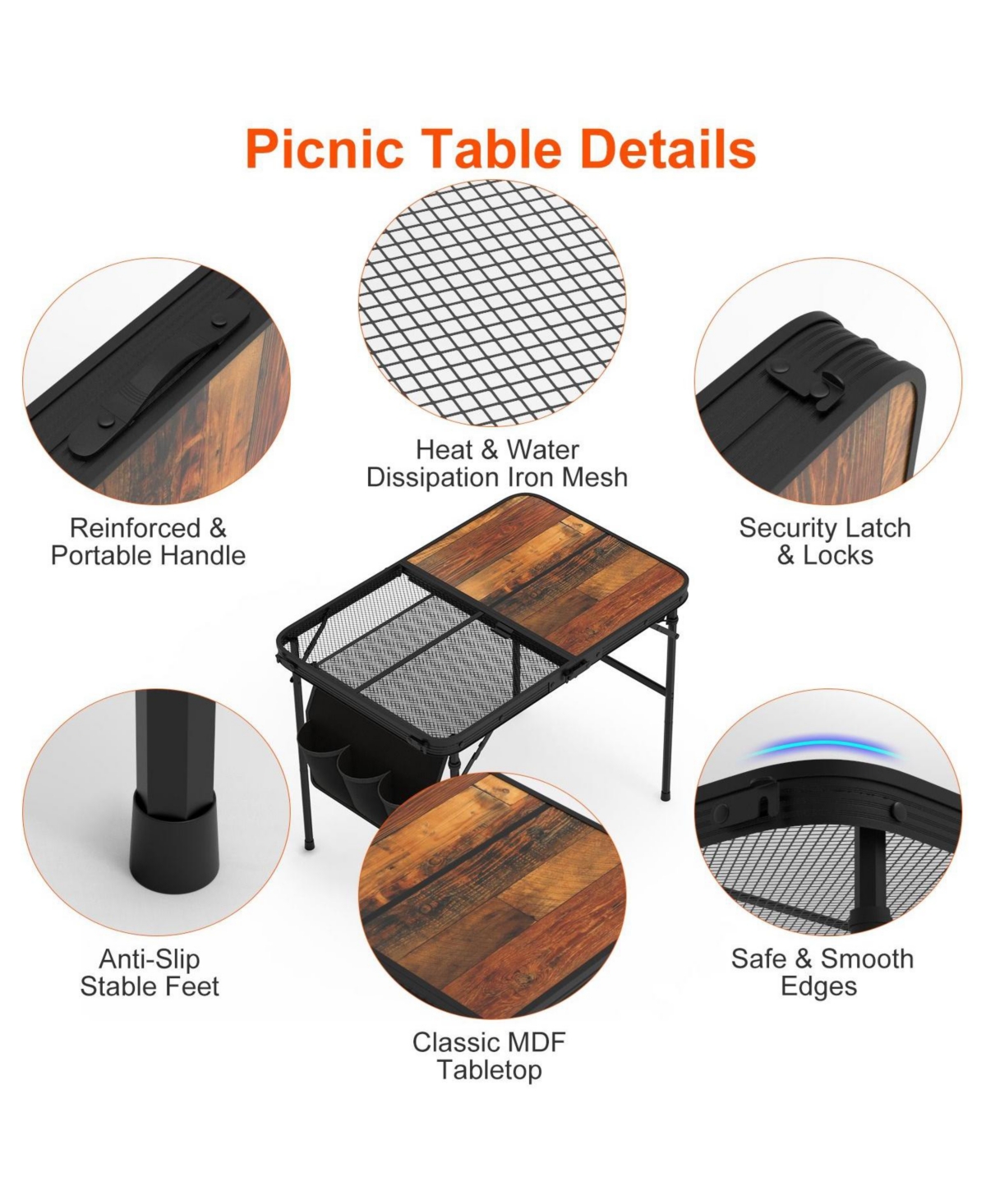 Mountaintop Foldable Camping Table Collapsible Picnic Aluminum Alloy Grill Stand 66LBS Max Load Height Adjustable Bbq Table with Adjustable