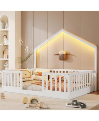  Full Floor Bed with High Rails and Light for Kids