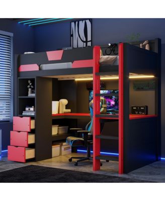  Twin Wooden Gaming Loft Bed with Desk, RGB Lights and USB