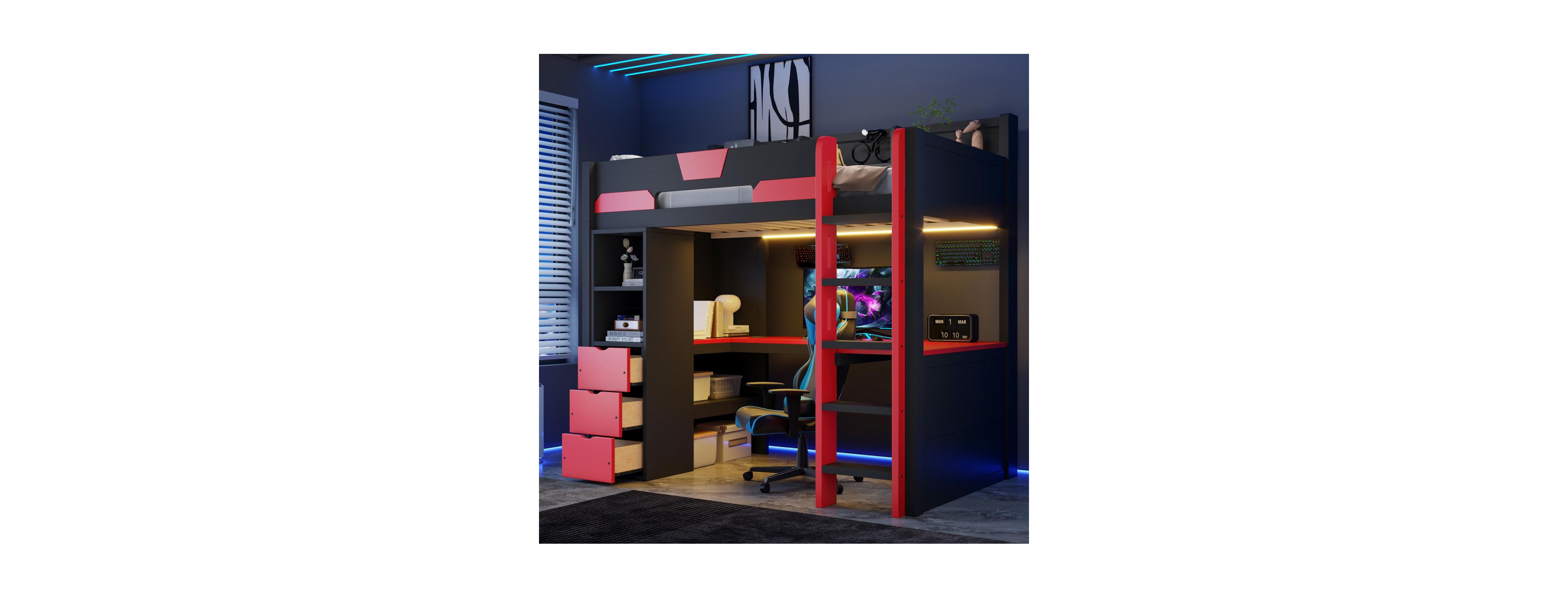 Streamdale Furniture Twin Wooden Gaming Loft Bed with Desk, Rgb Lights and Usb