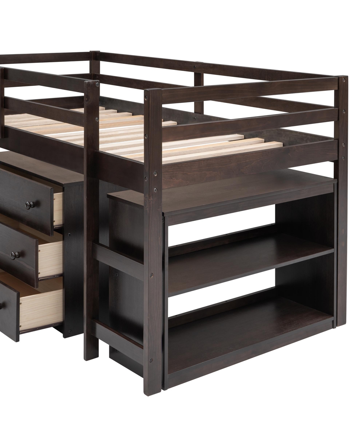 Clihome Low Study Twin Loft Bed with Cabinet and Rolling Portable Desk