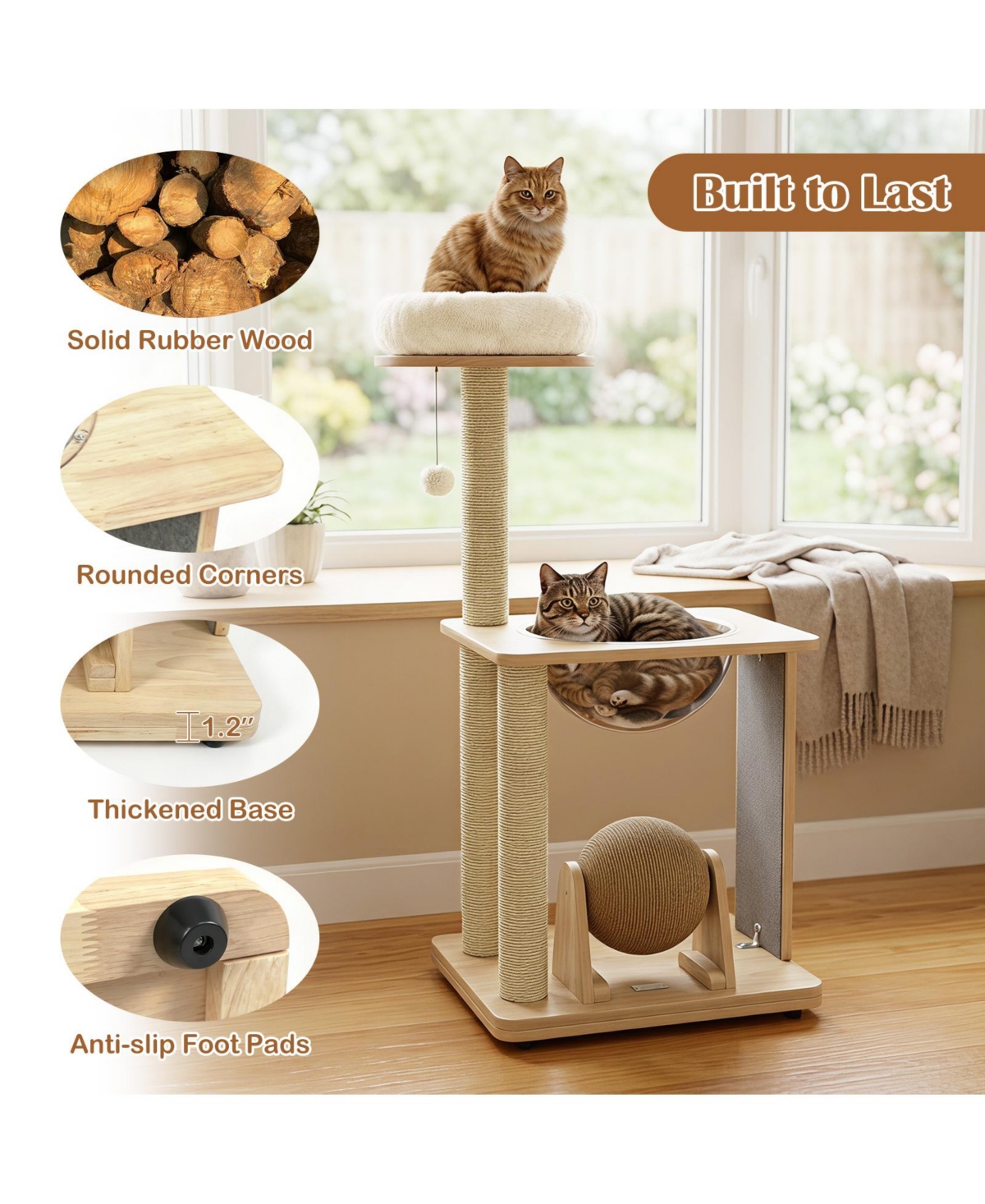 Gymax 40'' Modern Solid Wood Cat Tree with Top Perch Space Capsule Sisal Scratching Posts