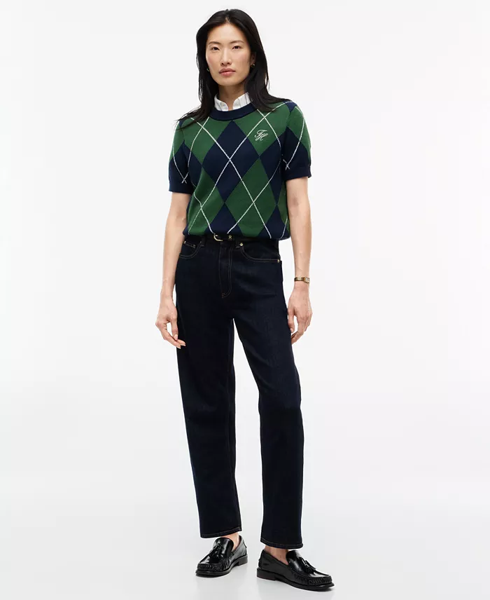 Women's Tartan Argyle Short-Sleeve Sweater - thumbnail 2