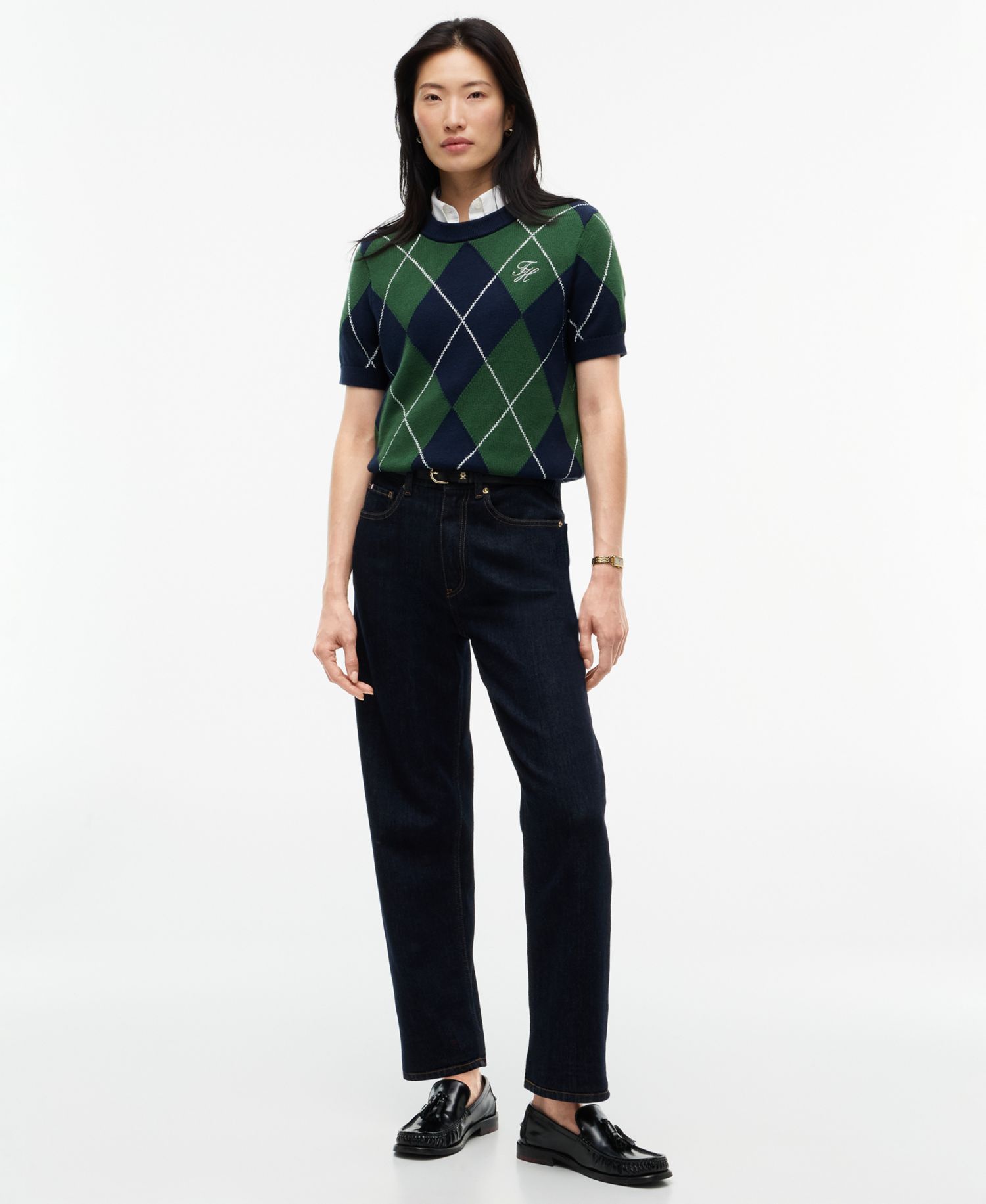 Women's Tartan Argyle Short-Sleeve Sweater