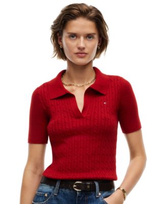 Women's Cable-Knit Slim Fit Polo Sweater