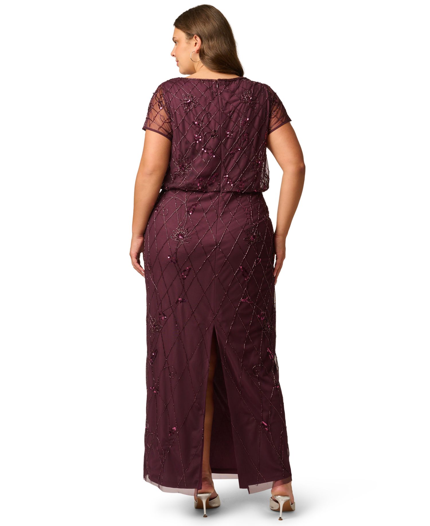 Plus Size Bead Blouson Sequin Short-Sleeve Boat Neck Gown