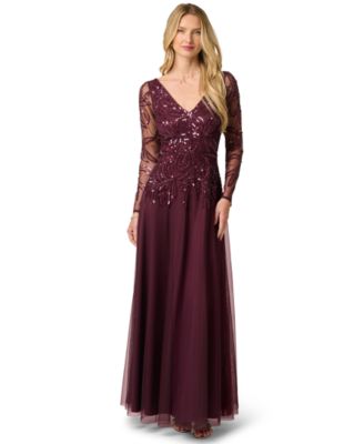 Petite Long-Sleeve Sequined V-Neck Gown