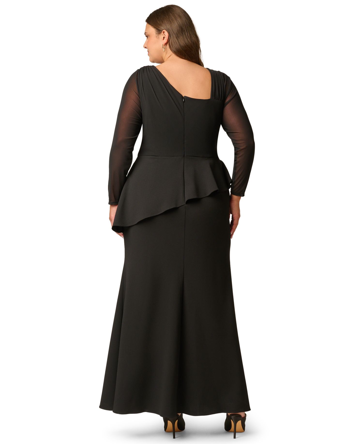 Plus Size Knit Crepe Combo Mesh Go Asymmetrical Long-Sleeve Dress