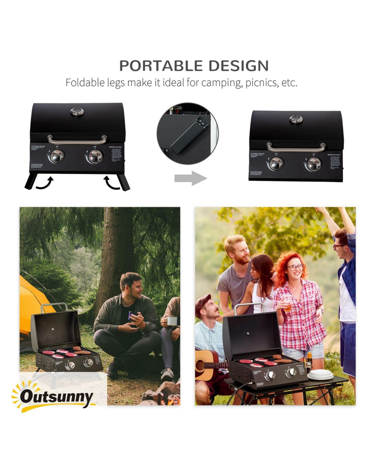 Mountaintop 2 Burner Propane Gas Grill Portable Tabletop Bbq with Foldable Legs Lid Thermometer for Camping