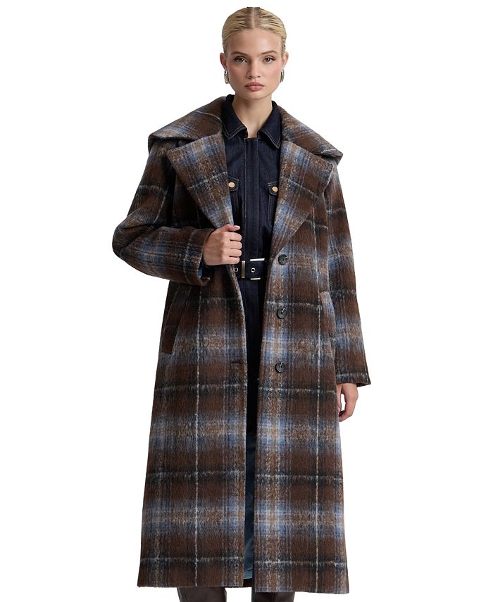 Avec Les Filles Womens Plaid Notch Collar Maxi Coat
