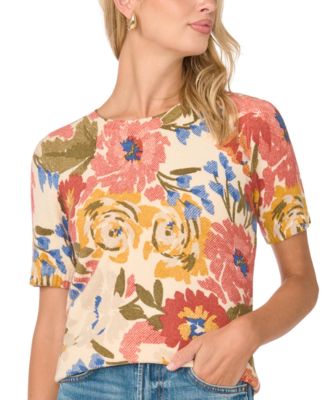 Women's Floral-Print Short-Sleeve Crewneck Pullover