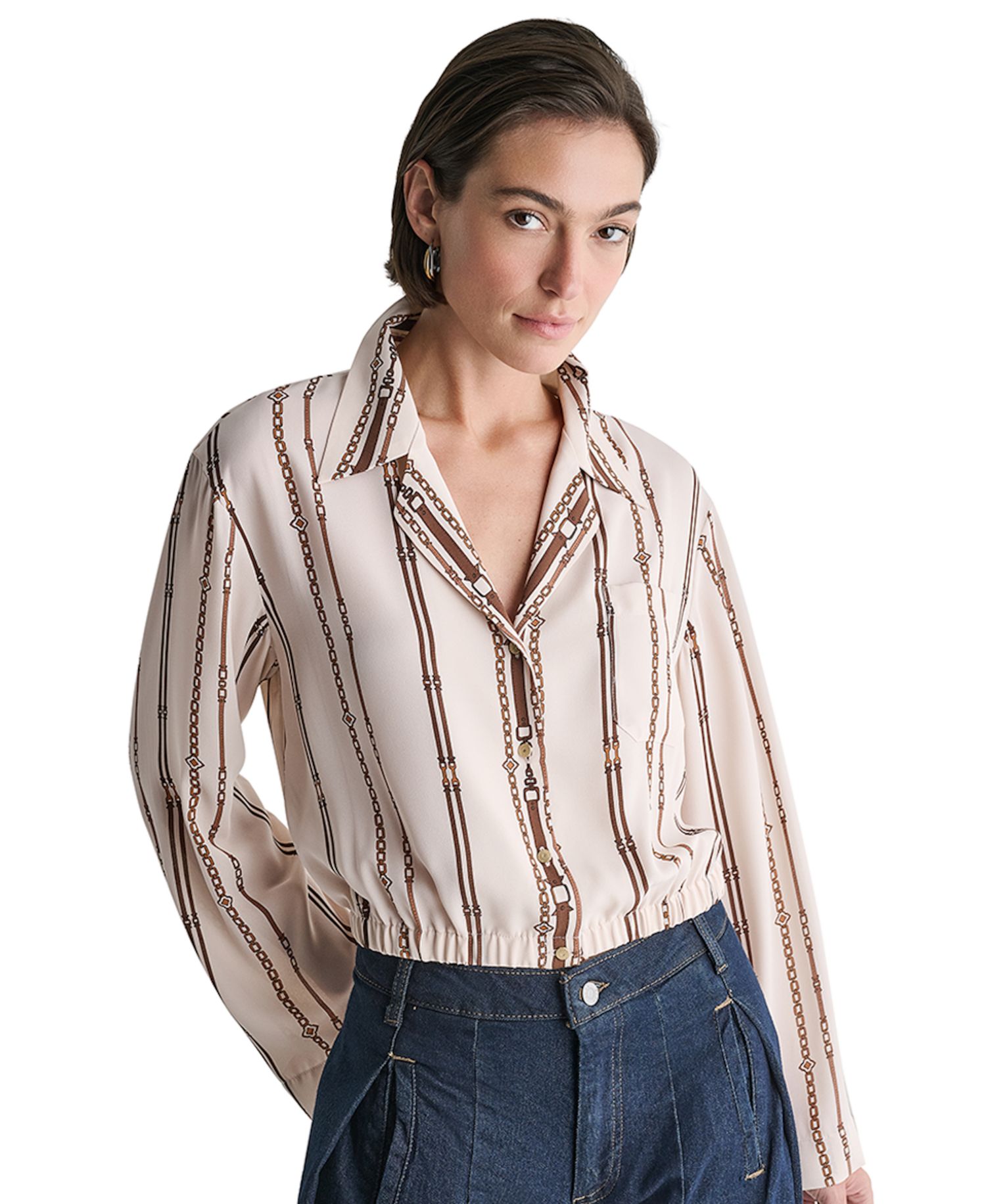 Women's Collared Long-Sleeve Crop Button-Up Top