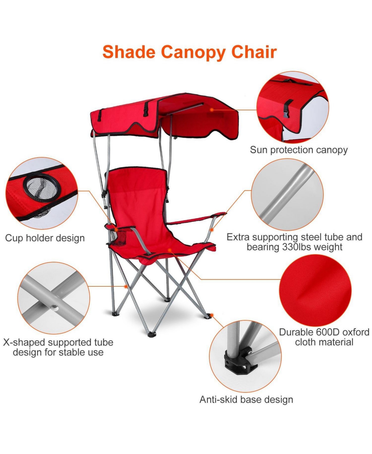 Mountaintop Foldable Beach Canopy Chair Sun Protection Camping Lawn Canopy Chair 330LBS Load Folding Seat with Cup Holder For Beach