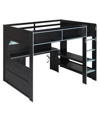 Full Size Gaming Loft Bed with Integrated Desk and Lights, Modern Wooden Bed Frame with Desk and Built-in Charging Station
