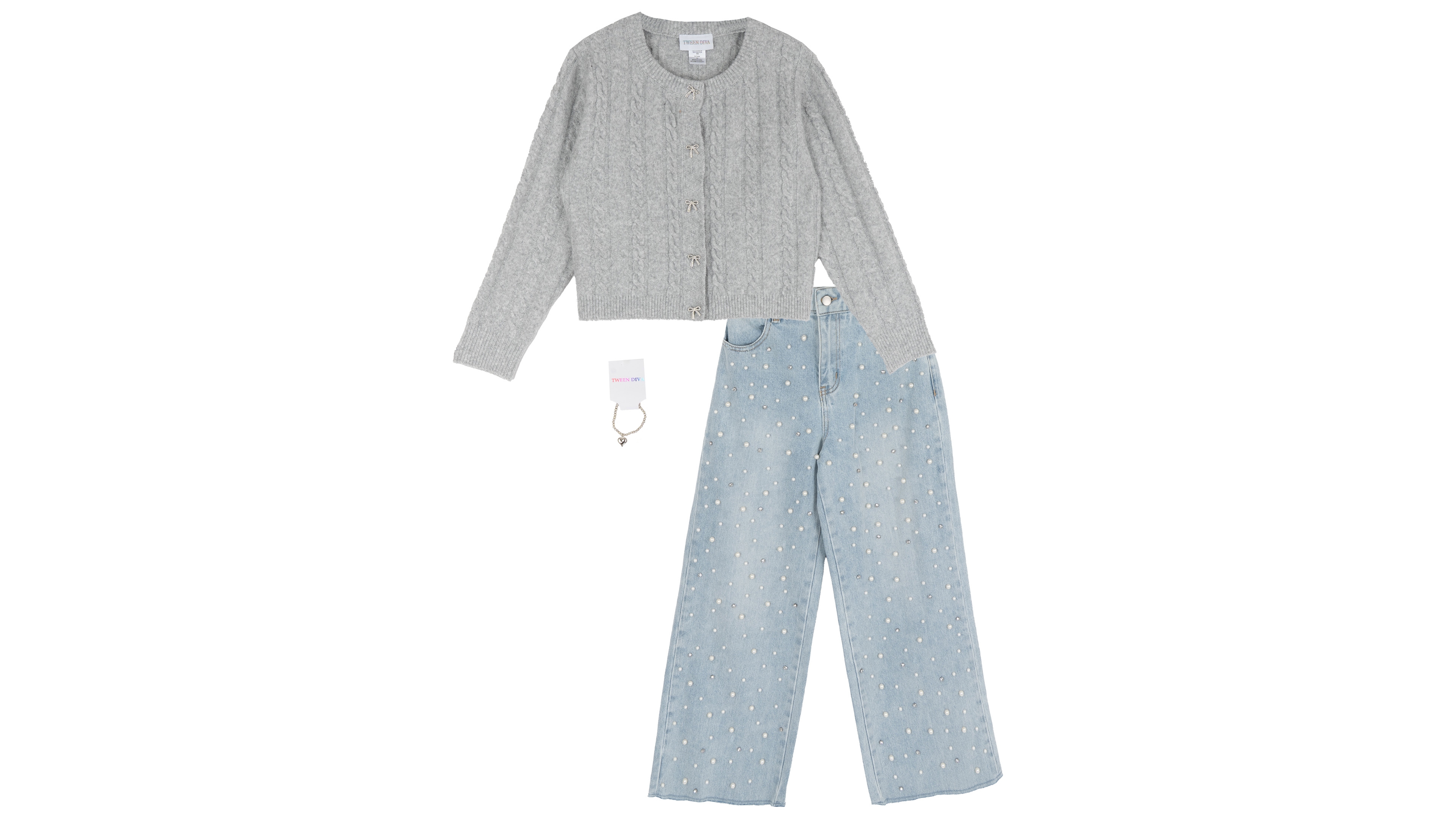 Tween Diva Girls' 7-12 Cable Knit Cardigan, Embellished Wide-Leg Denim Pants and Heart Charm Bracelet, 3-Piece Set