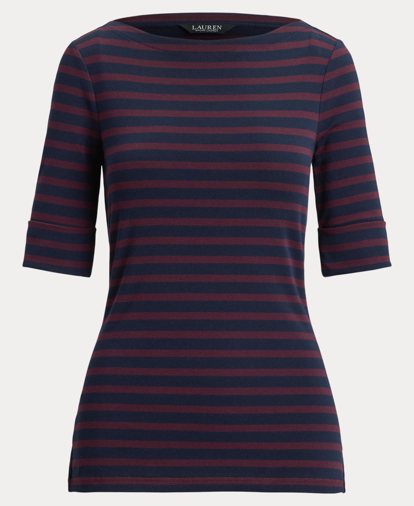 Женский топ Lauren Ralph Lauren Striped Stretch Cotton Boat Neck, цвет: Тёмно-синий / Гранатовый — фото 7