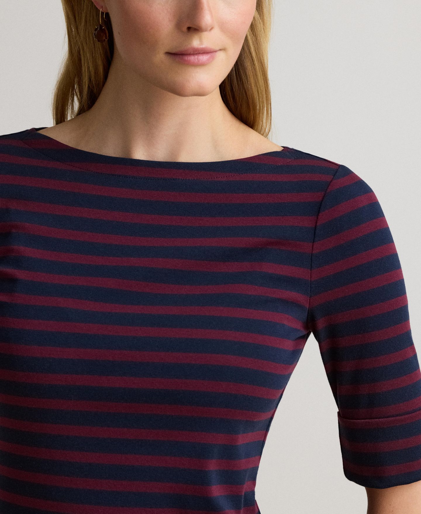 Женский топ Lauren Ralph Lauren Striped Stretch Cotton Boat Neck, цвет: Тёмно-синий / Гранатовый — фото 5