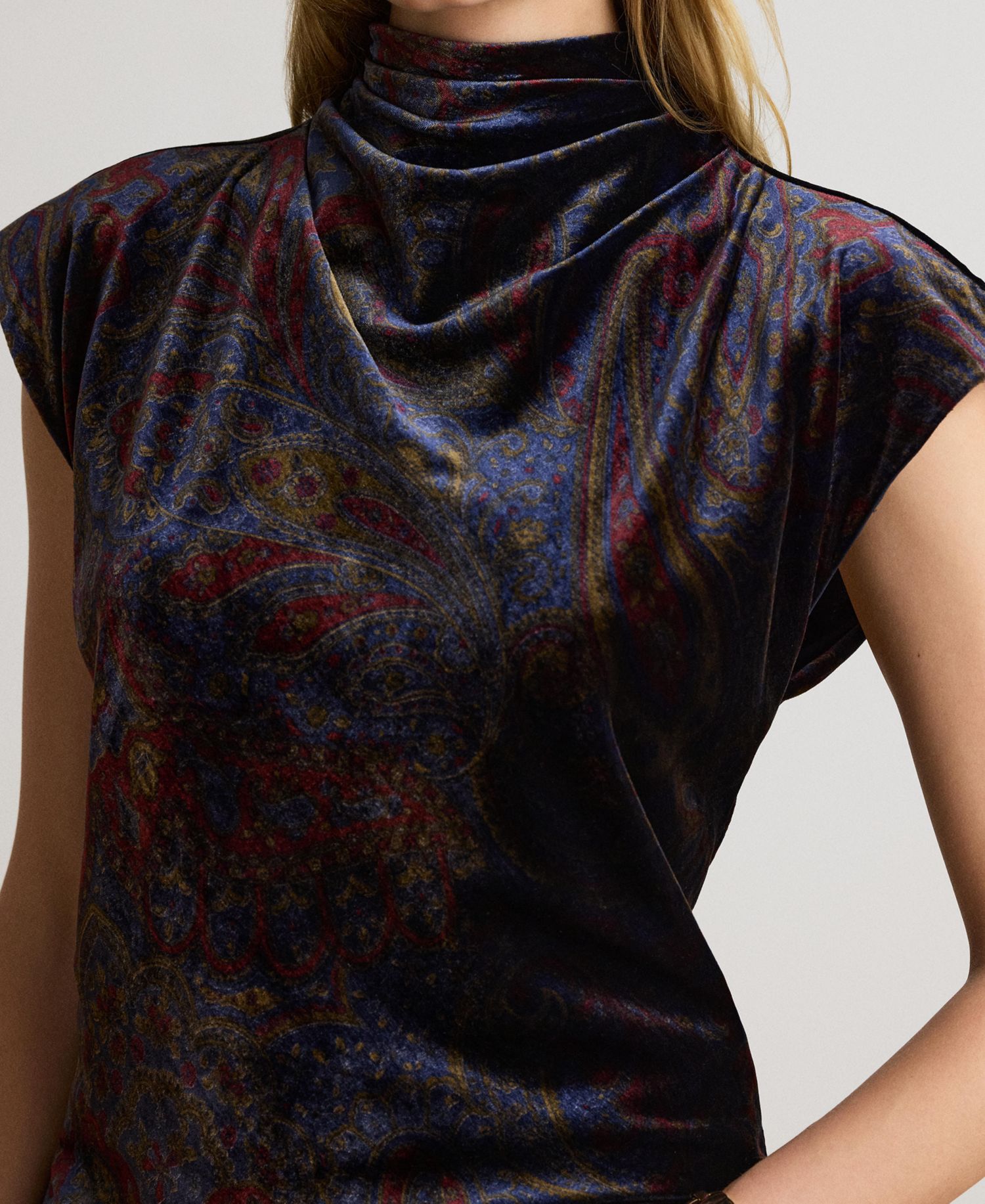 Women's Paisley-Print Velvet Mockneck Blouse