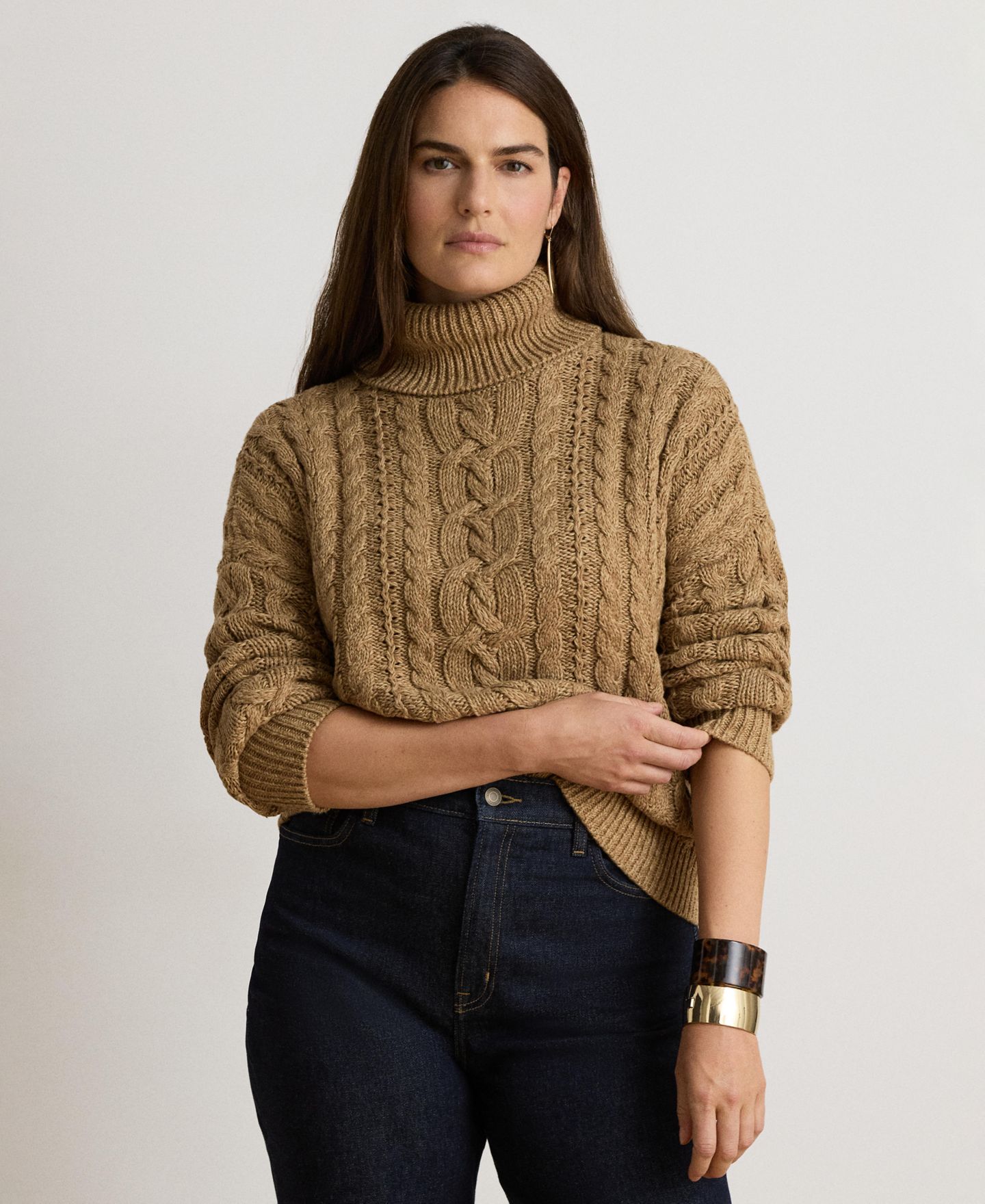 Женский свитер Lauren Ralph Lauren Marled Cable-Knit Long-Sleeve Turtleneck, цвет: Верблюжий меланжевый — фото 4