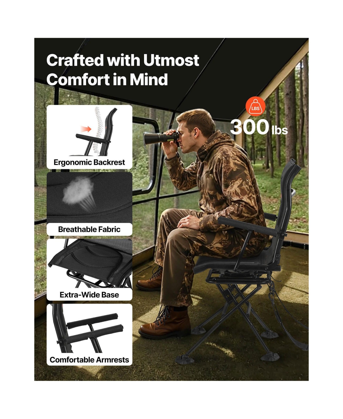 Mountaintop Hunting Chair, 360degree(s) Silent Swivel Foldable Blind Chair, Heavy Duty Steel Frame, Armrests, Adjustable Strap, 300 Lbs