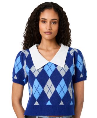 Women's Koda Puff-Sleeve Argyle-Jacquard Collared Top