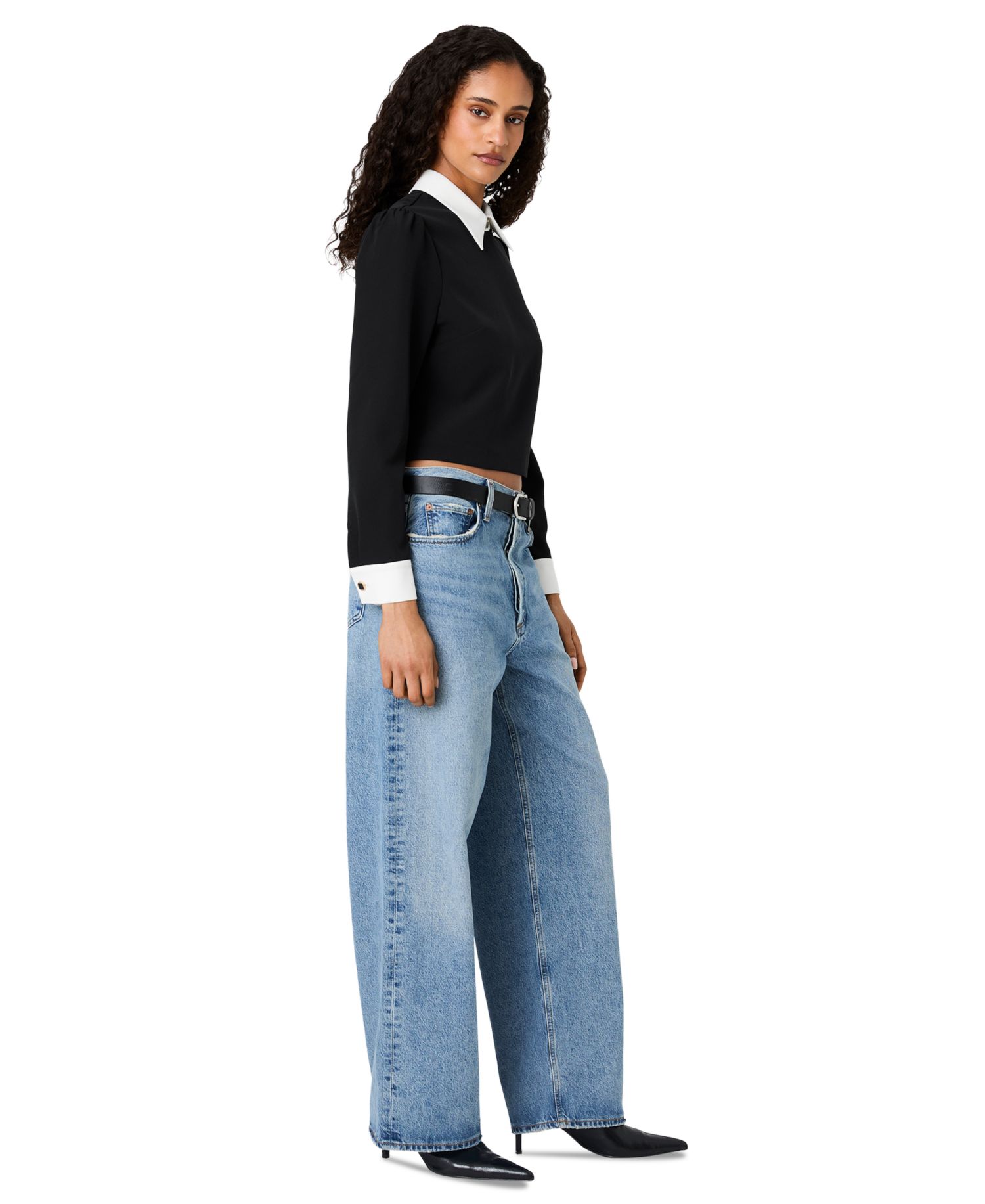 Women's Echo Crepe Collar Point Collar Mini Long-Sleeve Blouse