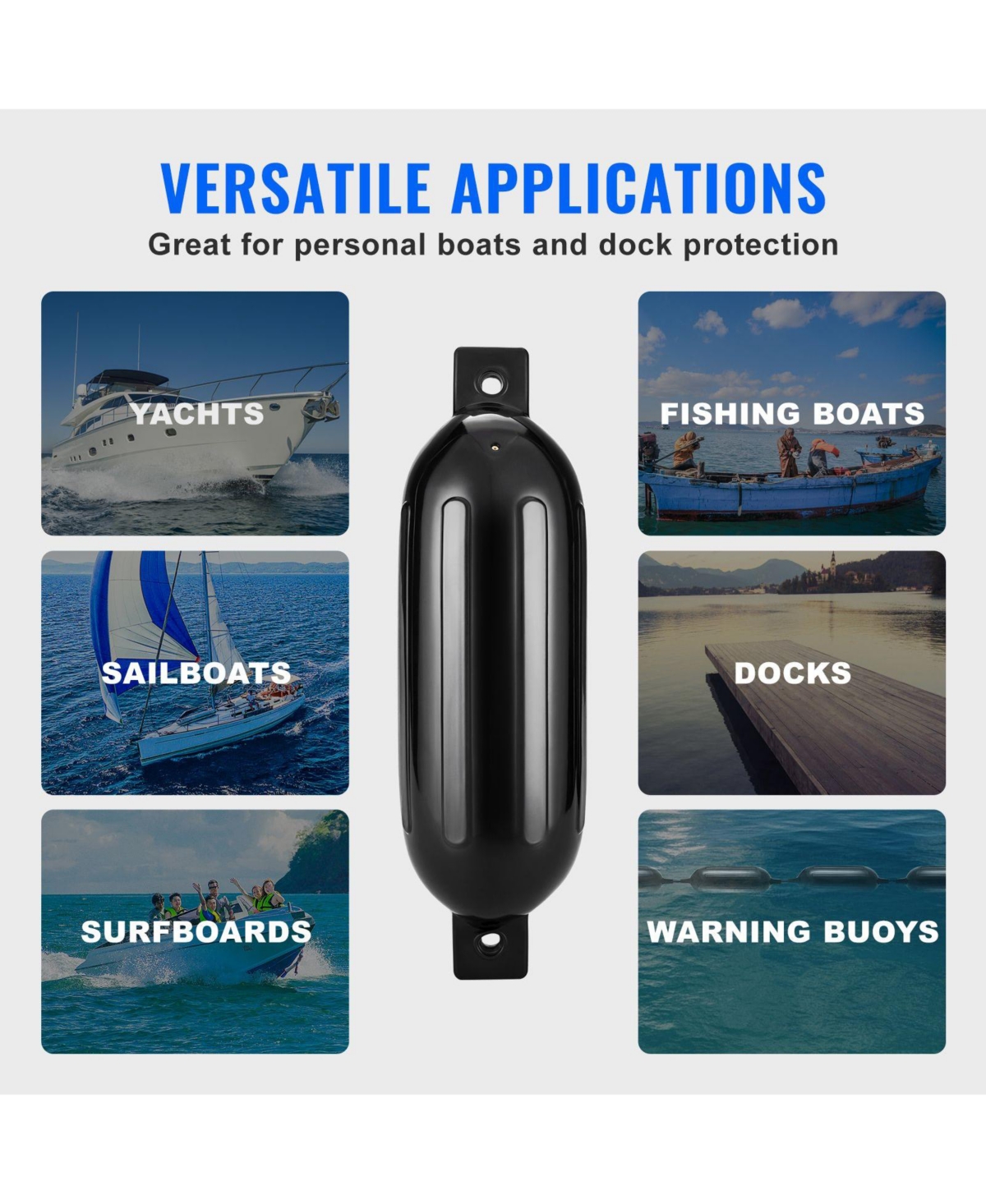 Mountaintop Boat Fenders, 5.5" x 20" Inflatable Ribbed Docking Bumper, Center Holes, Air Pump, 4 Needles, 4 Ropes and Storage Bag for Marine Boats