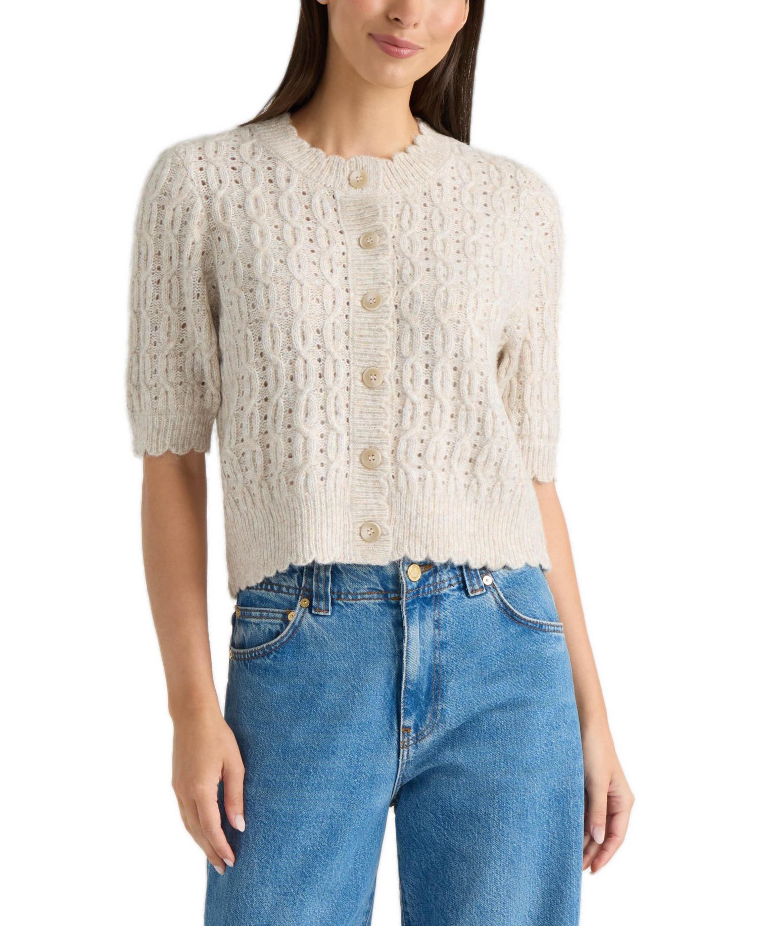 Women's Openwork Scalloped-Edge Short-Sleeve Cardigan