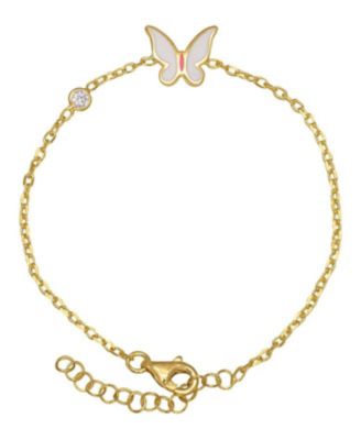 Girls Enamel Butterfly and Cubic Zirconia Bezel Station Chain Link Bracelet in 14K