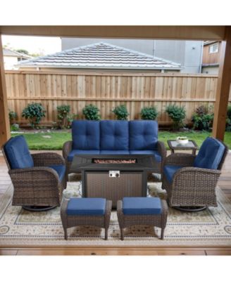 7-Piece Outdoor Wicker Nighttime Conversation Set for Family and Cozy Backyard Nights with Sofa, Swivel Rocking Chairs and Ottomans