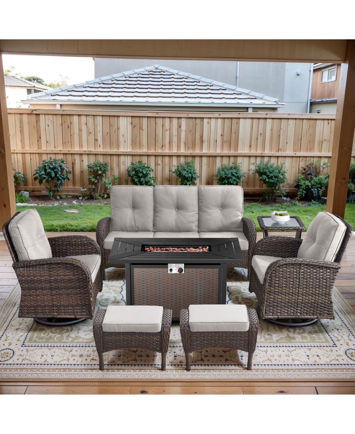 Bellefurn 7-Piece Outdoor Wicker Nighttime Conversation Set for Family and Cozy Backyard Nights with Sofa, Swivel Rocking Chairs Ottomans
