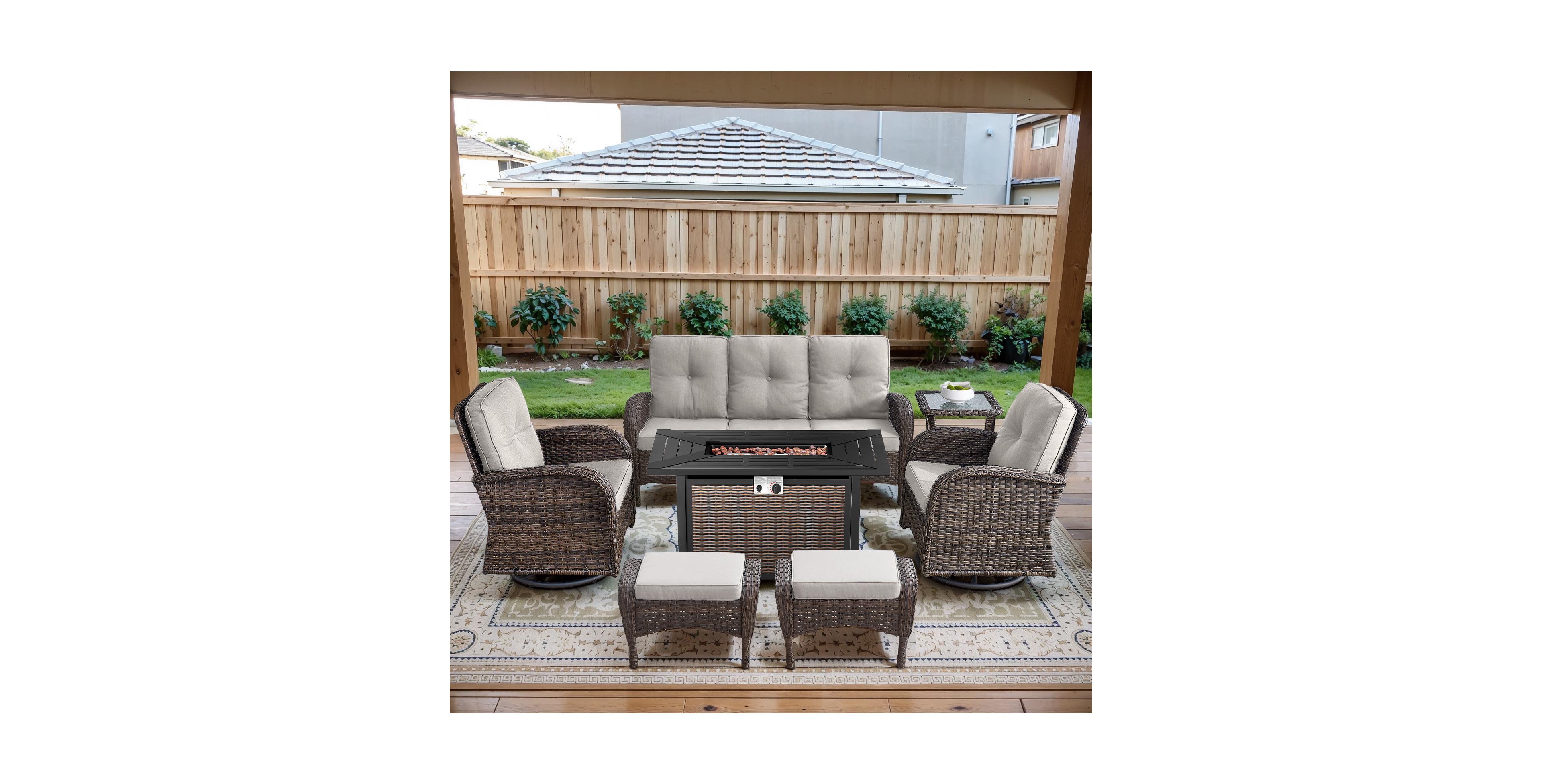 Bellefurn 7-Piece Outdoor Wicker Nighttime Conversation Set for Family and Cozy Backyard Nights with Sofa, Swivel Rocking Chairs Ottomans