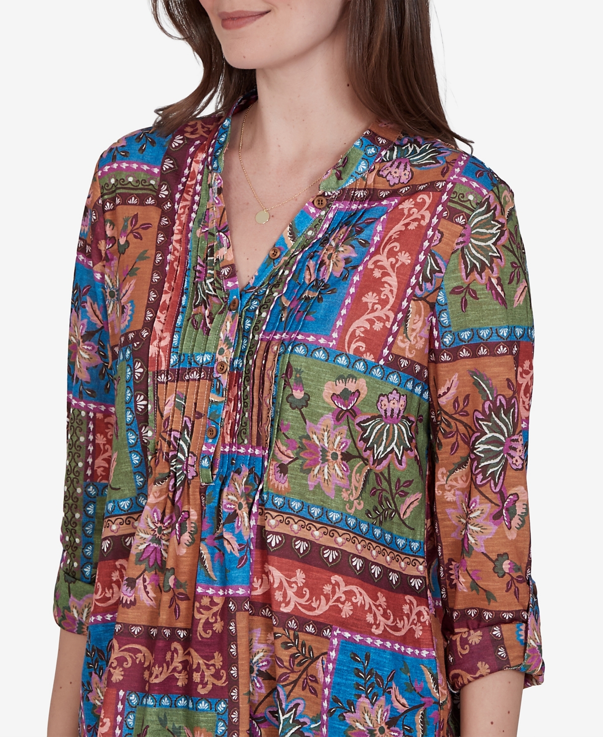 Ruby Rd. Petite Tapestry Top 3/4-sleeve Floral-print Button-front Blouse In Multi