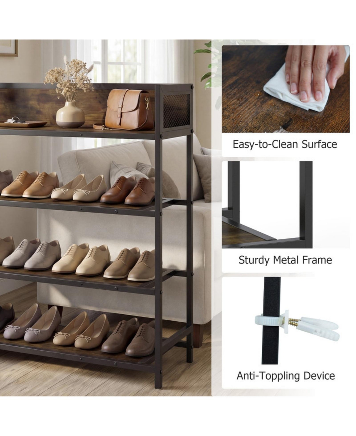 Sugift 4-Tier Industrial Shoe Rack with Heavy Duty Metal Frame and Anti-Fall Guardrails